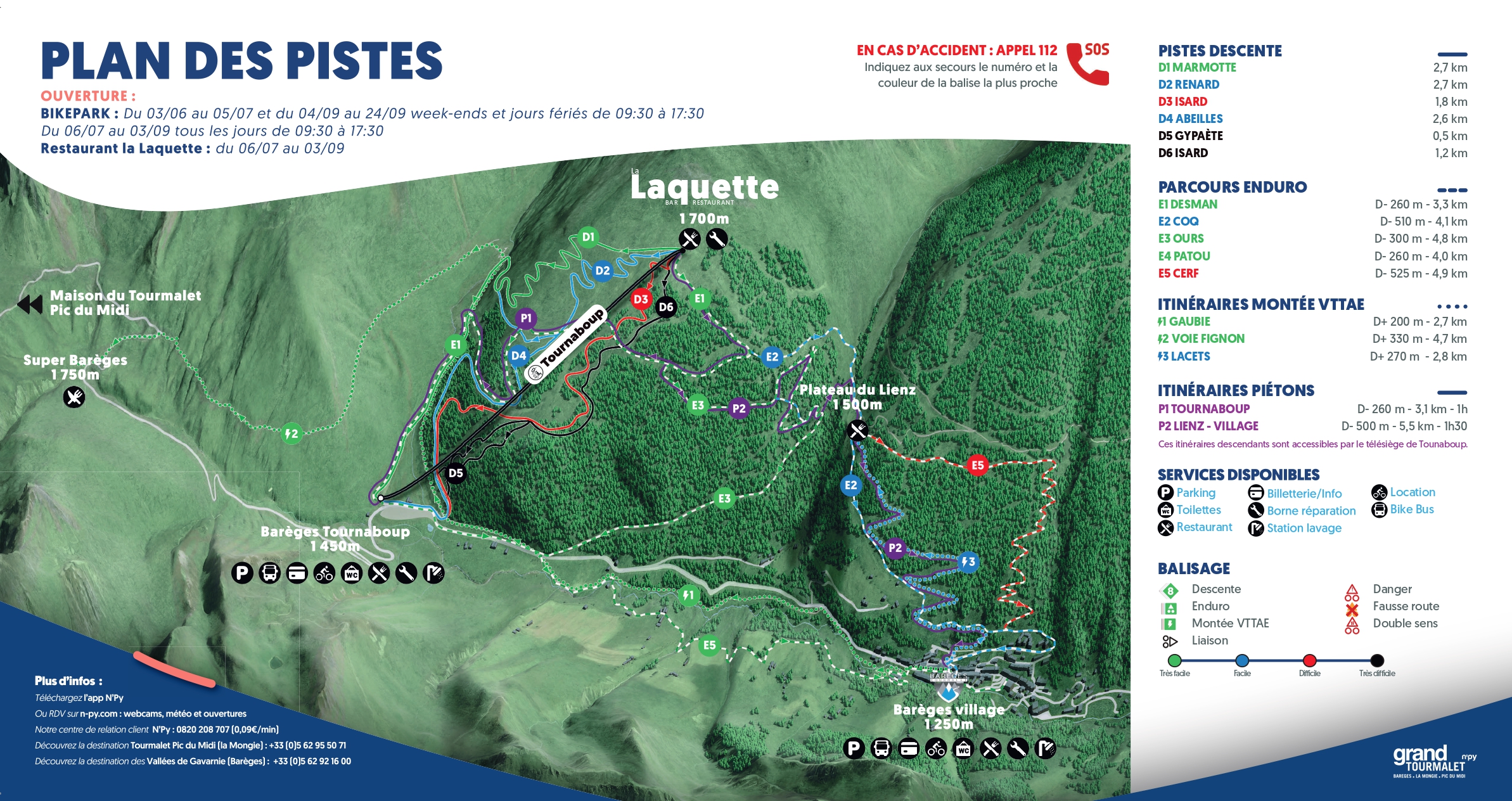 Plan des pistes, Bike Park de Barèges - Bike&Py - Lourdes